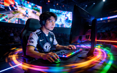 电竞选手在比赛舞台上专注操作电脑的画面